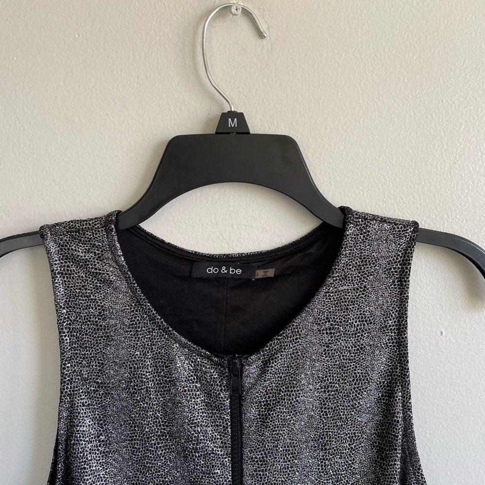 BLACK SILVER SKATER DRESS SLEEVELESS EXPOSED FRONT ZIPPER TEXTURE STRETCH - Picture 6 of 12